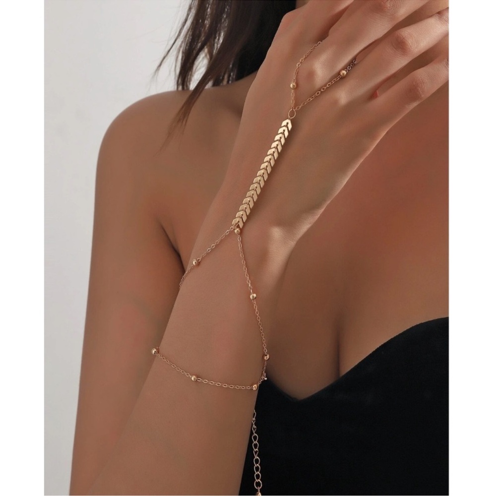 Boho Gold Tone Leaf Ring Bracelet Chain Jewelry